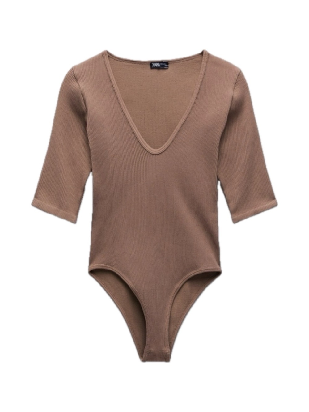 Zara Ribbed V-Neck Limitless Contour Bodysuit in Taupe Mocha